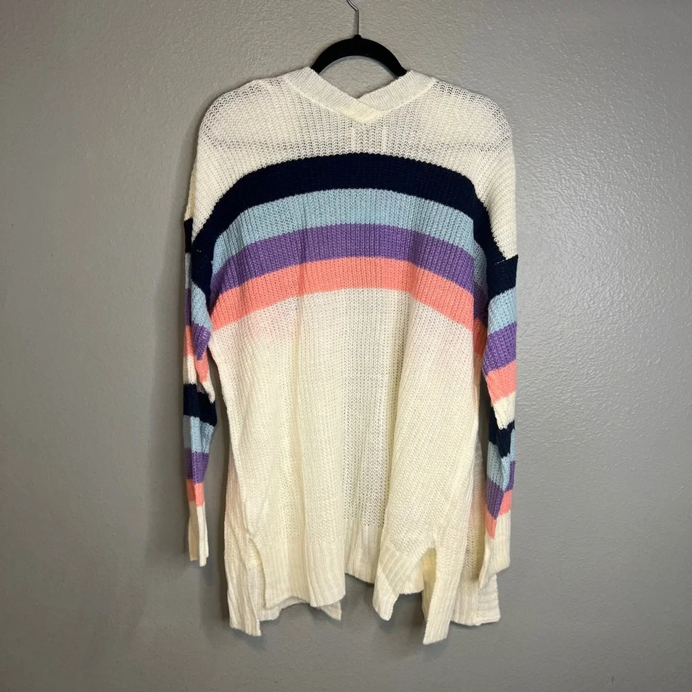 Hayden Cardigan Sz S/M Cream Rainbow Striped Open Front Pocket Long NWT - Picture 10 of 10